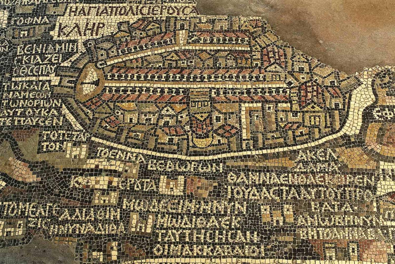 The Map of Madaba, a 6th century mosaic depicting the Middle East and Jerusalem, St George’s Church, Madaba, Jordan (M. Borchi/DEA/Getty Images)